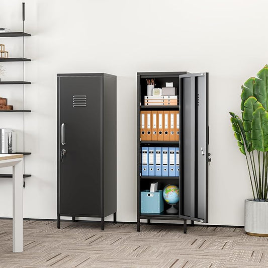 erosoei 47.24" H Metal Locker Storage Cabinet, Office Locker with 3 Adjustable Shelves, Steel Cabinet with 1 Door, High Legs Organizer for Home Office, Kitchen, Living Room, Bedroom and Bathroom