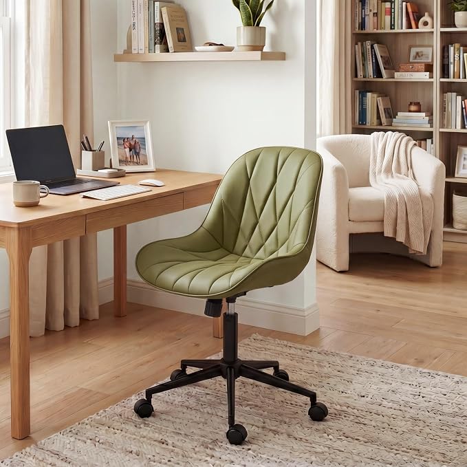 Rowill Modern Office Chair - Ergonomic Swivel Leather Desk Chair with Curved Backrest, Height Adjustable Rolling with Wheels, Perfect for Study Room & Office, Avocado Green
