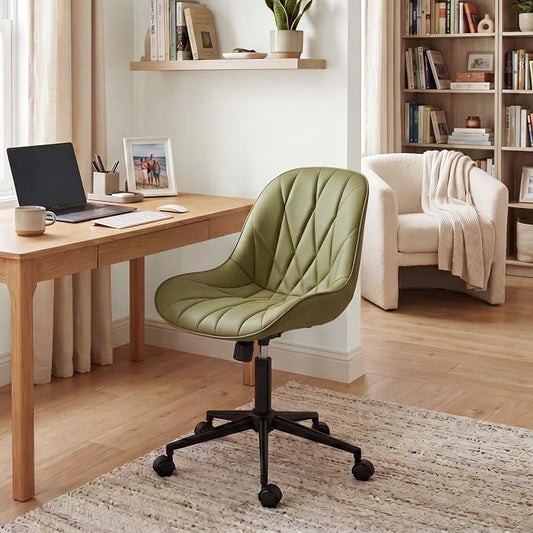 Rowill Modern Office Chair - Ergonomic Swivel Leather Desk Chair with Curved Backrest, Height Adjustable Rolling with Wheels, Perfect for Study Room & Office, Avocado Green