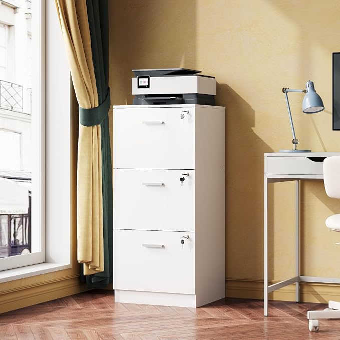 DEVAISE Wood File Cabinet with Lock, Vertical 3 Drawer Filing Cabinet for Home Office, Office Printer Stand for Letter and A4 Size (White)