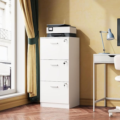 DEVAISE Wood File Cabinet with Lock, Vertical 3 Drawer Filing Cabinet for Home Office, Office Printer Stand for Letter and A4 Size (White)