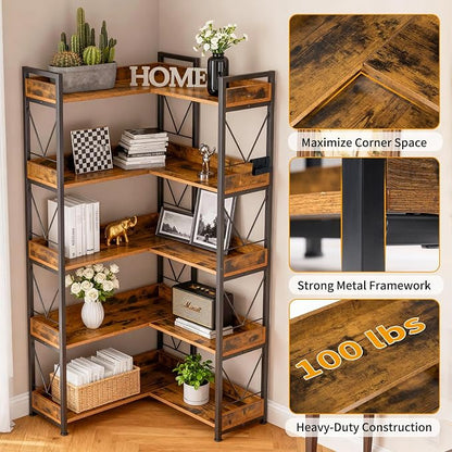 DUMOS 65 inch L Shaped Bookshelf, 5 Tier Corner Bookcase with Hooks and Edge, Industrial Pantry Shelves with Metal Frame, Wooden Open Storage for Living Room, Home Office, Bedroom, Rustic Brown