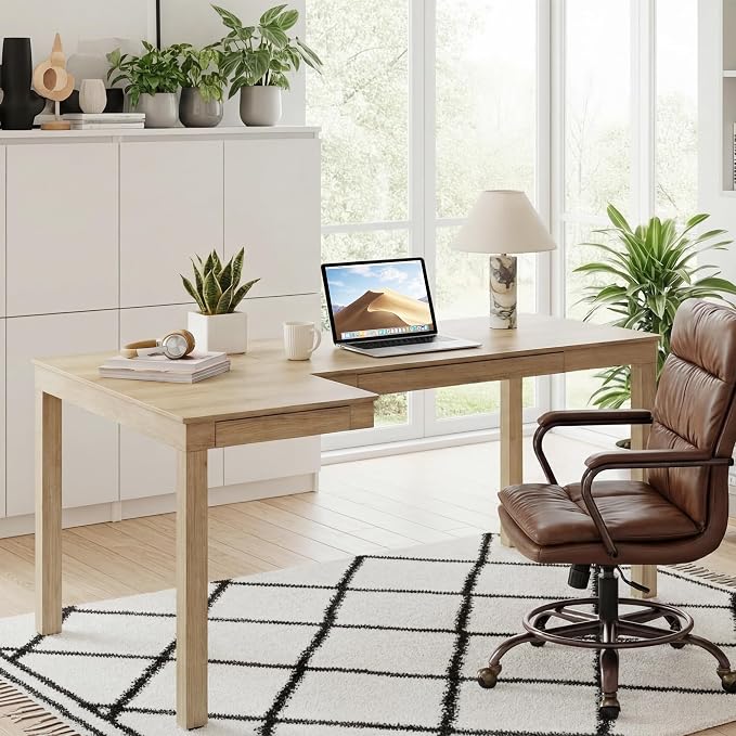 EUREKA ERGONOMIC 63 Inch L Shaped Desk with Drawers, Large Executive Computer Corner Table Dual Monitor, Wood Furniture Work Desk for Home Office Study Craft Writing, Oak, Left Side