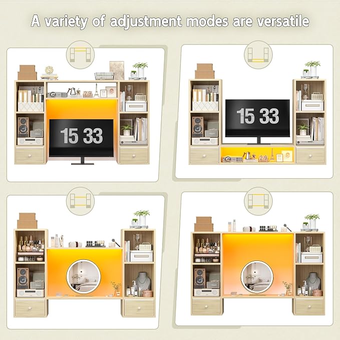 REIBII Desktop Bookshelf with LED Lights,47.2" Desktop Organizer with 6 Shelves and 2 Drawers for Top of Desk,Multipurpose Desk Hutch Dorm with Adjustable Shelves for Home and Office,Natural