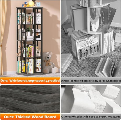 Aheaplus Rotating Bookshelf, 4-Tier Corner Bookshelf, 360 Display Wood Spinning Bookshelf, Floor Standing Bookcase Narrow Shelf Revolving Organizer Storage Rack for Small Space, Grey Oak