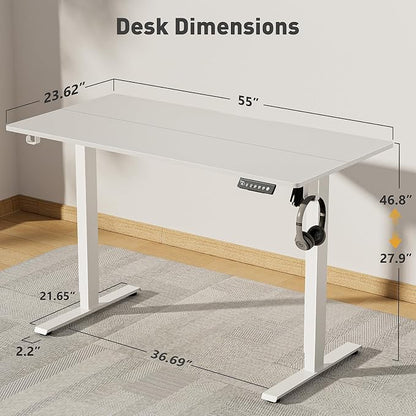 55x24 in Electric Standing Desk,Adjustable Height with Wheels,White | Spliced Desktop,27.9"–46.8" Height Range,4 Memory Presets,Lockable Wheels,Headphone Hook,Sit Stand Desk,Home Office