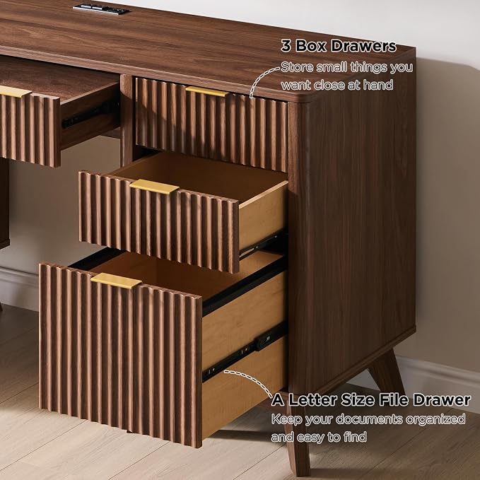T4TREAM Fluted Executive Desk with Drawers, 60" Modern Home Office Computer Desk with Charging Station, File Cabinet, Keyboard Tray and Storage Cabinet for Study, Living Room, Bedroom, Light Walnut