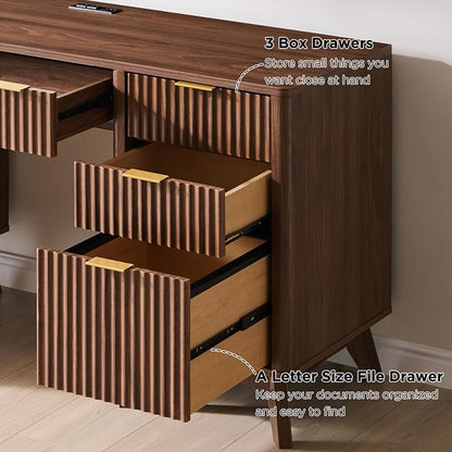 T4TREAM Fluted Executive Desk with Drawers, 60" Modern Home Office Computer Desk with Charging Station, File Cabinet, Keyboard Tray and Storage Cabinet for Study, Living Room, Bedroom, Light Walnut