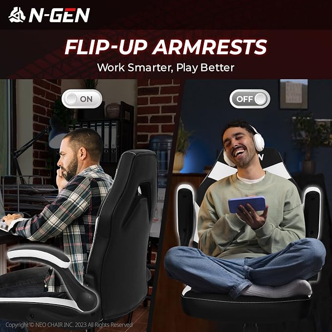 N-GEN Video Gaming Chair Ergonomic Computer Desk Office Chair with Lumbar Support Adjustable Height Swivel Wheels Flip-Up Arms PU Leather Home and Office (White)