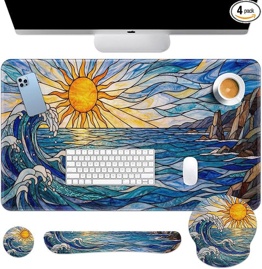 Britimes Blue Ocean Coastal Keyboard Mouse Pad Set Sunrise Abstract 4in1 Large Mousepad+Keyboard Wrist Rest+Mouse Wrist Rest+Coaster Ergonomic Design for Home Office Computer 35.4x15.7 inches
