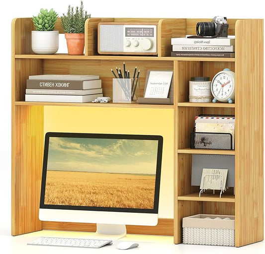 Tangkula Desktop Bookshelf with LED Lights, Desk Hutch with 8 Shelves for Max 25" Monitor, Desktop 5-Tier Display Rack, Wood Desktop Storage Hutch Organizer for Dorm Office Home, Burlywood