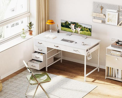 ODK Computer Desk with 6 Drawers, 48 Inch Office Desk with Storage, Reversible Desk with Headphone Hook for Home Office, Work Study Table Vanity for Bedroom, White