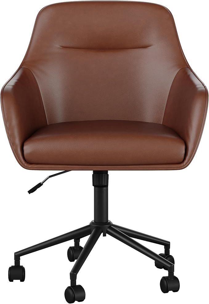 Martha Stewart Rayna Swivel Task Chair with Flared Arms for Home Office in Saddle Brown Faux Leather with Oil Rubbed Bronze Frame