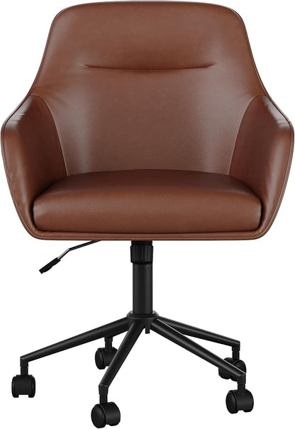 Martha Stewart Rayna Swivel Task Chair with Flared Arms for Home Office in Saddle Brown Faux Leather with Oil Rubbed Bronze Frame