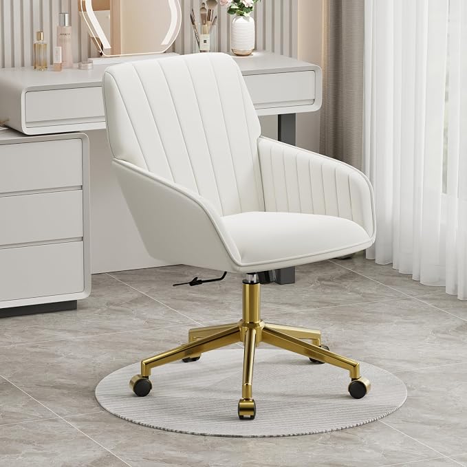YISHENG Velvet Home Office Chair with Gold Base Upholstered Tufted Modern Height Adjustable 360 Degree Swivel Desk Chair with Wheels, Vanity Chairs for Living Room, Bedroom,Study Room (Cream)