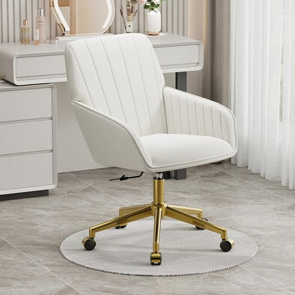 YISHENG Velvet Home Office Chair with Gold Base Upholstered Tufted Modern Height Adjustable 360 Degree Swivel Desk Chair with Wheels, Vanity Chairs for Living Room, Bedroom,Study Room (Cream)