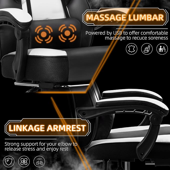 Shintenchi Gaming Chair,Video Game Chair with footrest and Massage Lumbar Support,Height Adjustable Game Chair with 360°Swivel Seat Ergonomic Computer Chair with Headrest for Office or Gaming(White)