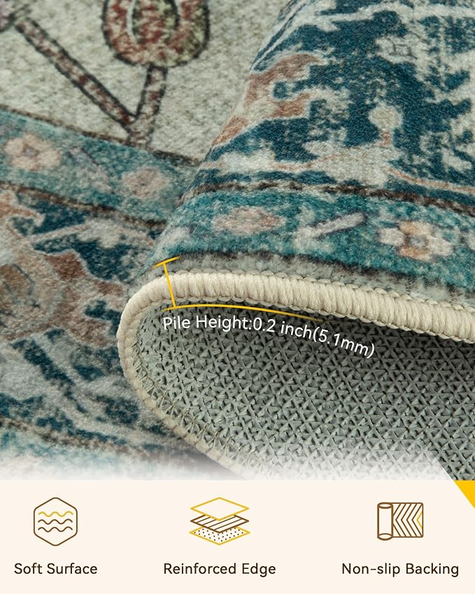 RELEANY Area Rugs Round 10ft Washable Non-Slip, Floral Vintage Distress Medallion Carpet for Living Room Bedroom Dining Room, Dark Blue Vintage