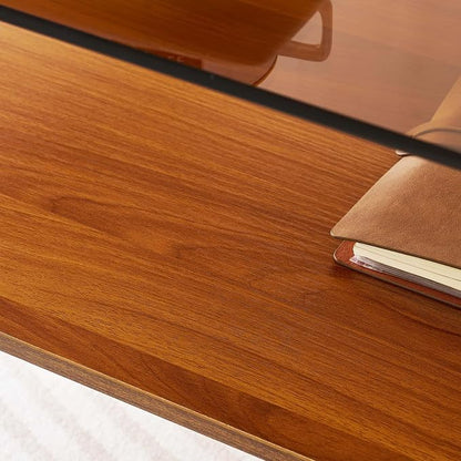 LumFurn Oval Glass Coffee Table, Mid-Century Modern Design, L41 x W21 x H17 inch, for Living Room, 2-Tier Structure, Amber Glass Top and Walnut Finish Wood Shelf, Conical Legs with Gold Finish Frame