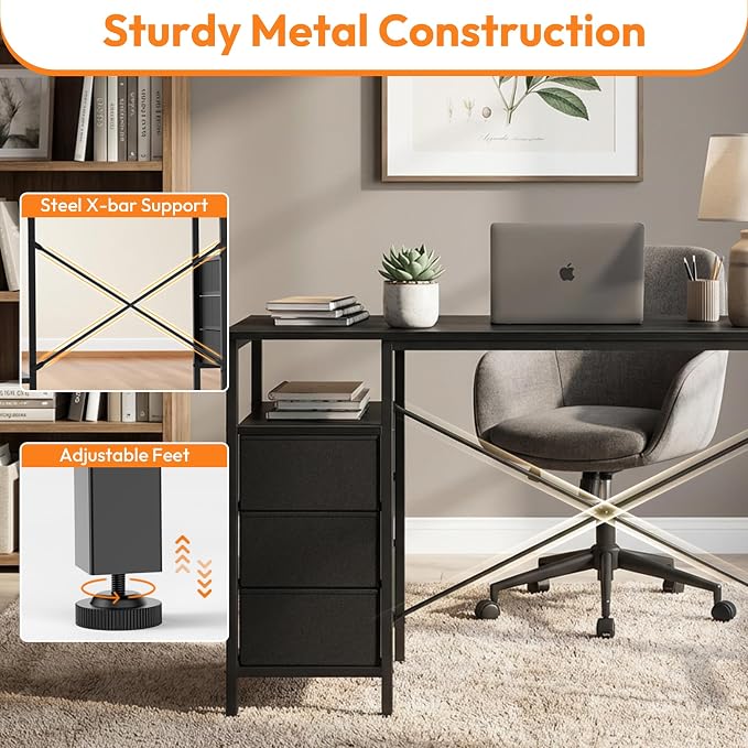 Alpen Computer Desk with Drawers, L Shaped Desk for Bedroom with Power Outlets, Gaming Table with Storage Shelves, Corner Desk for Gaming, Study Writing PC Table, 47.2 Inch, Black