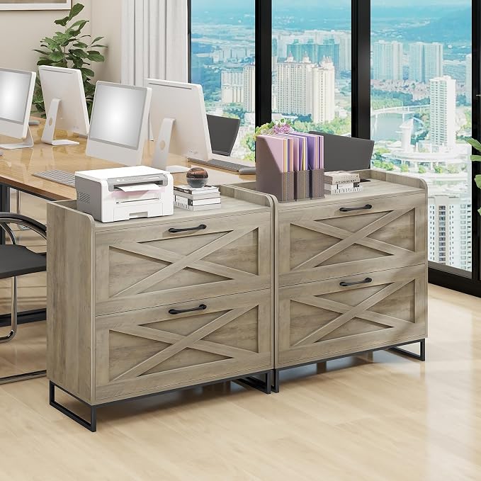 Halitaa File Cabinet 2 Drawers, Lateral File Cabinet with Charging Station for Letter/Legal/A4 Size Hanging Files, Large Wood File Storage Cabinets Printer Stand for Home Office, Washed Gray