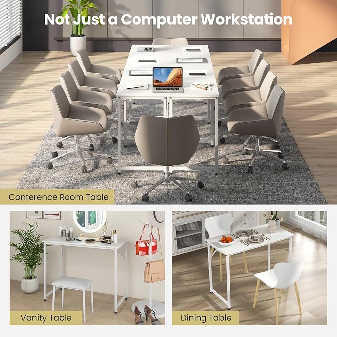 Giantex 40-Inch White Computer Desk, Home Office Desk with Heavy-Duty Metal Frame, Modern Simple Gaming Table PC Workstation, Versatile Small Desk for Bedroom, Small Spaces