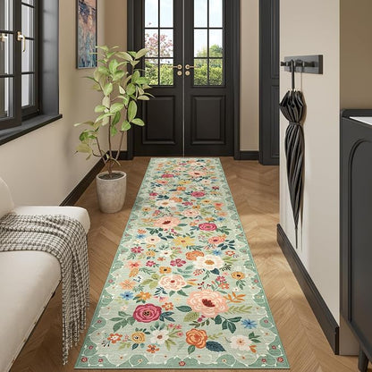 DUKINO Runner Rug for Hallway, 2.6x10 Washable Floral Long Kitchen Rug with Non Slip Backing, Boho Lightweight & Stain Resistant Soft Runners for Indoor Entrance, Laundry, Living Room, Bedroom, Green