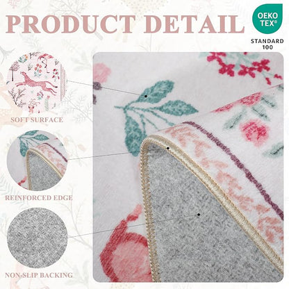DUKINO 4x6 Rug, Washable Animal Area Rug with Non Slip Vintage Design, Indoor Soft Low Pile Carpet for Bedroom, Nursery, Dining Room, Farmhouse, Playroom, Pink