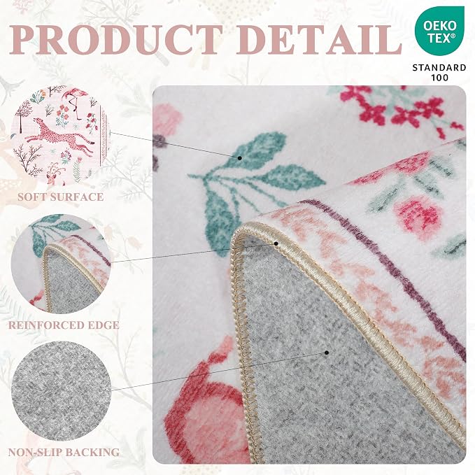 DUKINO 5x7 Rug, Washable Animal Living Room Rug with Non Slip Vintage Design, Soft Low Pile Large Carpet for Bedroom, Nursery, Dining Room, Farmhouse, Playroom, Pink