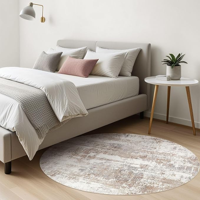 Round Rug Living Room Rugs: 6Ft Washable Circle Large Abstract Modern Soft Stain Resistant Non-Slip Indoor Floor Thin Carpet for Bedroom Nursery Office Dining Room Dorm Home House- Brown