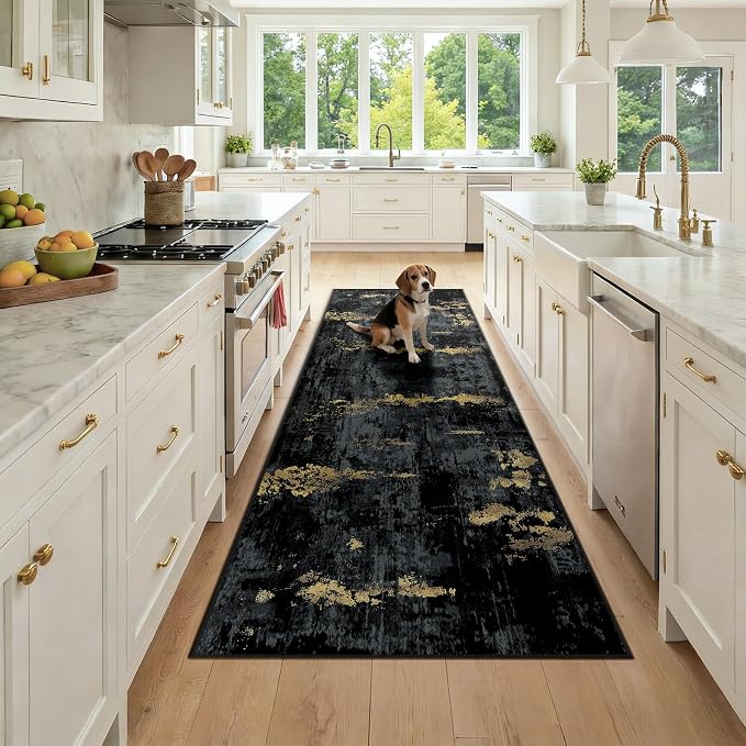RELEANY Washable Area Rugs 3x8 Non-Slip Modern Abstract Soft for Living Room Entryway Bedroom Kitchen, Print Pattern, Dark Black Gold