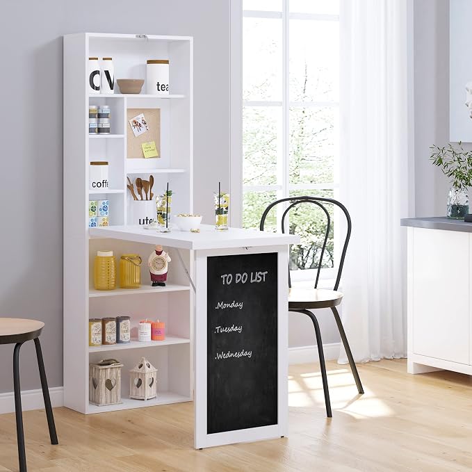 Folding Wall Mounted Desk with Storage, Expandable Hidden Computer Desk, Foldable Space-Saving Pull Out Murphy Table, Writing Table with Blackboard for Home Office Bedroom Small Spaces (White.)