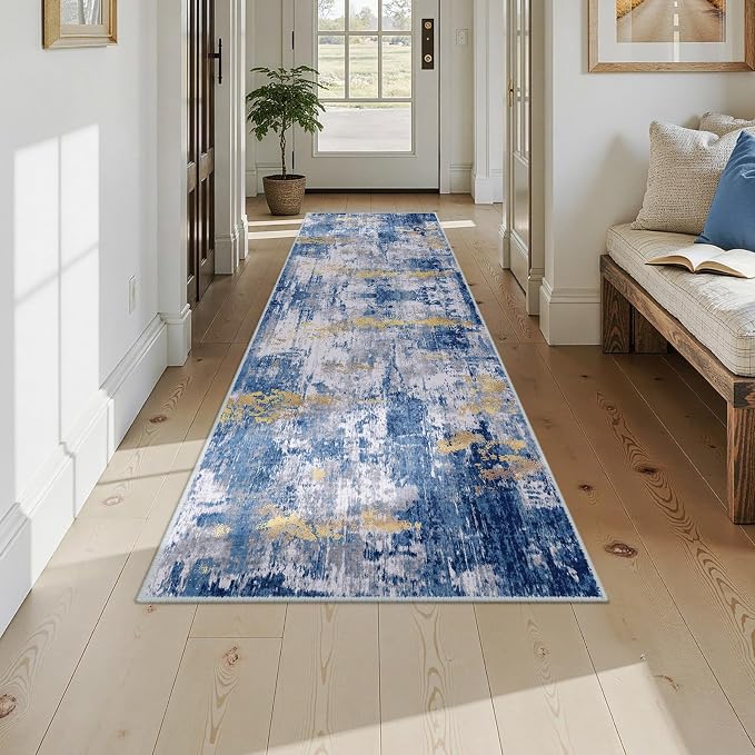 RELEANY Washable Area Rugs 2'6"x10 Non-Slip Modern Abstract Soft for Living Room Entryway Bedroom Kitchen, Print Pattern, Grey Blue Gold/Golden