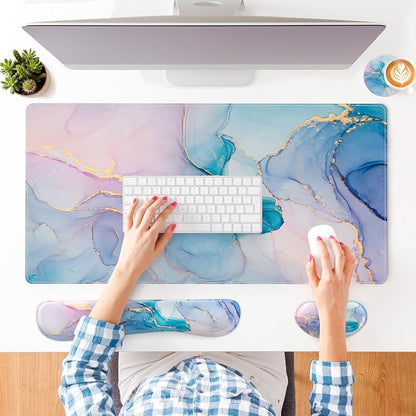 QIYI Leather Desk Mat Set, 4-in-1 Large Mouse Pad with Ergonomic Wrist Rest, Waterproof Desk Pad + Keyboard Wrist Rest +Mouse Wrist Support+Coaster, Non-Slip Office Gaming Accessories, Blue Pink Fluid
