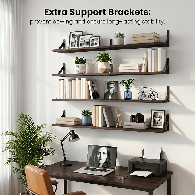 Long Wall Shelf,Large Floating Shelves for Wall,Wood Floating Bookshelves Hanging,Book Storage Display for Living Room Bedroom Office Bathroom Decor,4 Pack,36 Inch,Dark Brown