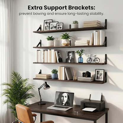 Long Wall Shelf,Large Floating Shelves for Wall,Wood Floating Bookshelves Hanging,Book Storage Display for Living Room Bedroom Office Bathroom Decor,4 Pack,36 Inch,Dark Brown