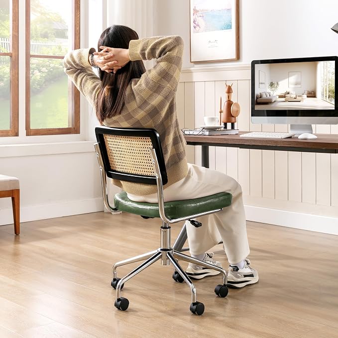 Zesthouse Mid Century Home Office Chair, Armless Desk Chair with Rattan Back, Adjustable Height Task Chair Vanity Chair for Girls Women, Upholstered Swivel Chair, Green Faux Leather