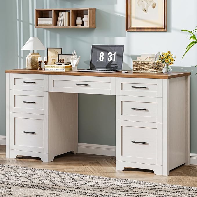Vabches Farmhouse 61'' Executive Desk with 7 Drawers, Rustic Office Desk Computer Table with File Drawers, Wood Workstation for Study and Home Office,Unique White