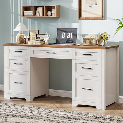 Vabches Farmhouse 61'' Executive Desk with 7 Drawers, Rustic Office Desk Computer Table with File Drawers, Wood Workstation for Study and Home Office,Unique White