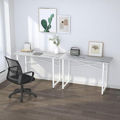 Lutown-Teen 47 inch Folding Desk No Assembly Required, Writing Gaming Computer Camping Table, Home Office Desk, White Marble