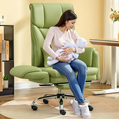 Big and Tall Office Chair, 400LBS Wide Leather Gaming Chair with Footrest, High Back Executive Chair, Reversible Armrest for Pets, 135° Reclining Cross Legged Chair with Lumbar Support(Avocado Green)