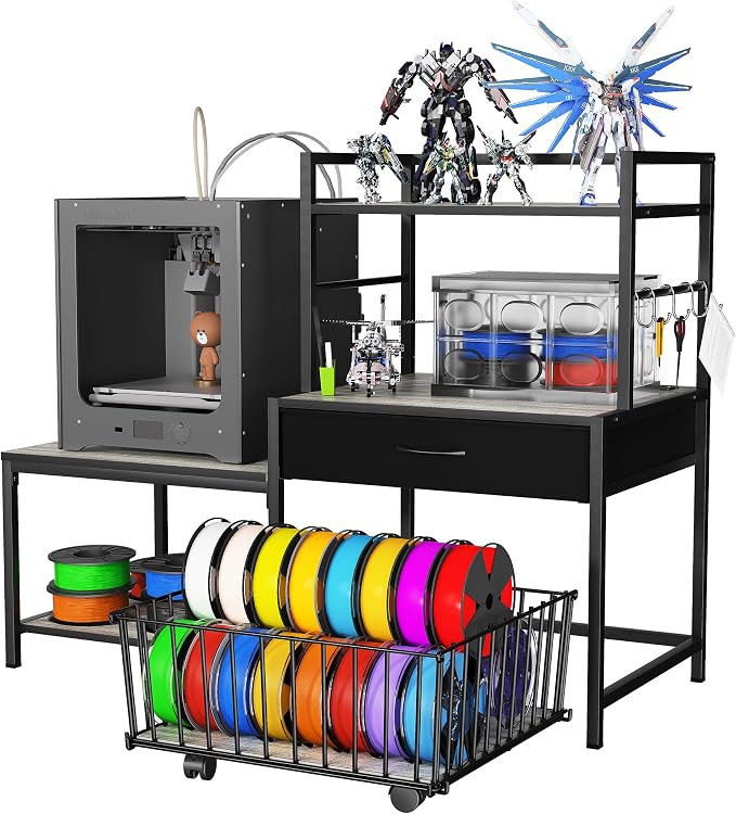Saudism 3D Printer Stand with Storage Drawer and Rolling Filament Basket, Industrial Printer Table with Open Shelves and Hooks, Sturdy Metal Workstation for 3D Printing Tools and Accessories, Gray