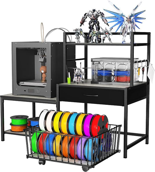 Saudism 3D Printer Stand with Storage Drawer and Rolling Filament Basket, Industrial Printer Table with Open Shelves and Hooks, Sturdy Metal Workstation for 3D Printing Tools and Accessories, Gray