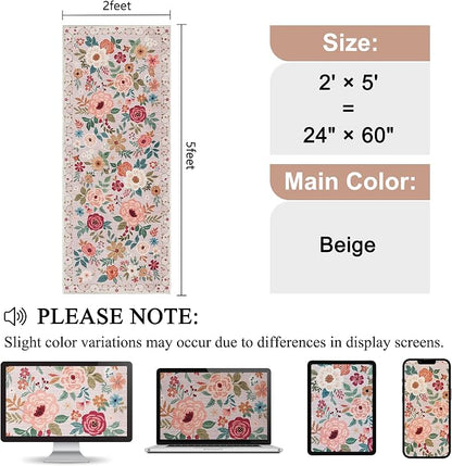 DUKINO 2x5 Runner Rug for Hallway, Washable Kitchen Floral Runner Rug with Non Slip Backing, Low Pile Soft Boho Carpet for Kitchen, Hallway, Entryway, Laundry, Bedroom, Beige