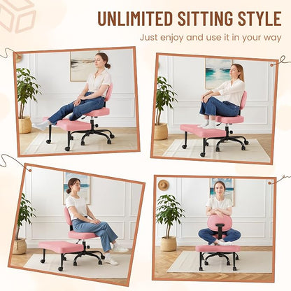 Homall Ergonomic Cross Legged Office Desk Chair with Wheels, 360° Swivel and Adjustable Height for Meditation and ADHD,Criss Cross Kneeling Chair with Lumbar Support (Leather, Pink)