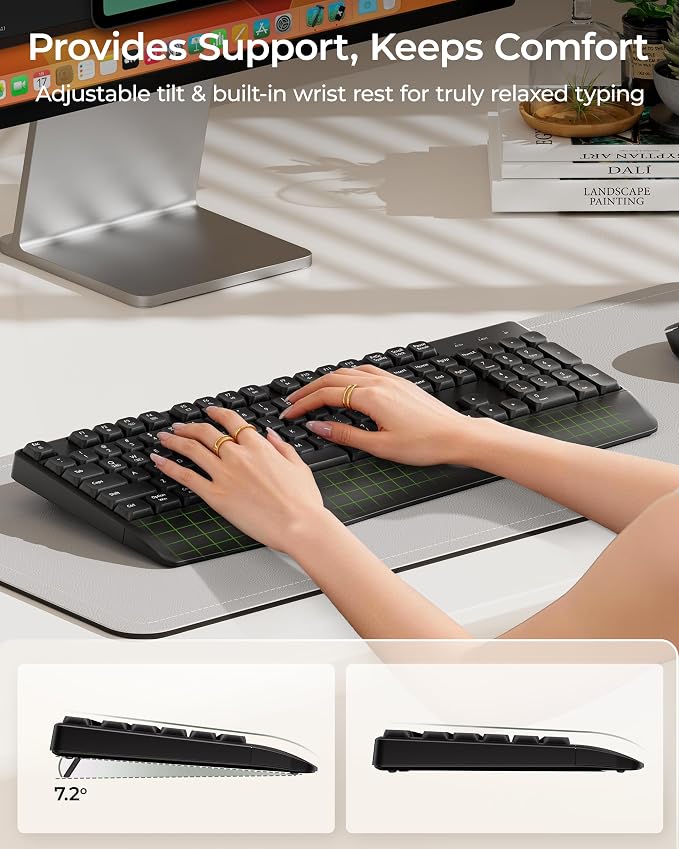 seenda Wireless Bluetooth Keyboard Mouse Combo, COE200 Ergonomic Keyboard with Wrist Rest, Silent Mouse, Multi-Device Connection, Full-Size Compatible for Windows PC Laptop Mac MacBook, Black