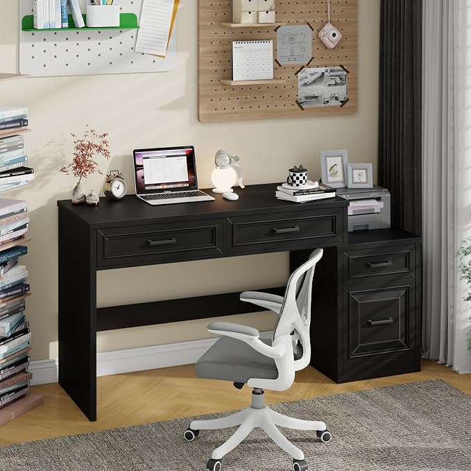 Vabches 61" Farmhouse Computer Desk with Storage and File Drawer, Executive Desks with Printer Stand, Rustic Large Home Writing Desk for Home Office.Black
