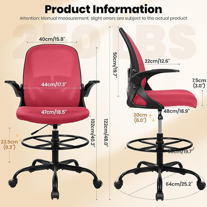 Primy Drafting Chair Tall Office Chair with Flip-up Armrests Executive Ergonomic Computer Standing Desk Chair with Lumbar Support and Adjustable Footrest Ring (Fire Brick)