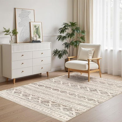 Nakagishi Area Rug Living Room Rugs: 4x6 Soft Machine Washable Boho Neutral Farmhouse Stain Resistant Moroccan Indoor Floor Carpet for Bedroom Nursery Kids Entryway Kitchen Bedside Home- Dark Brown