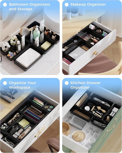 BiuLeon 25 PCS Plastic Drawer Organizers Set, 4-Sizes Vanity and Makeup Organizer, Desk and bathroom Drawer Organizer Trays, Organizers and Storage for Makeup, Jewelry, Gadgets, Utensils (Black)